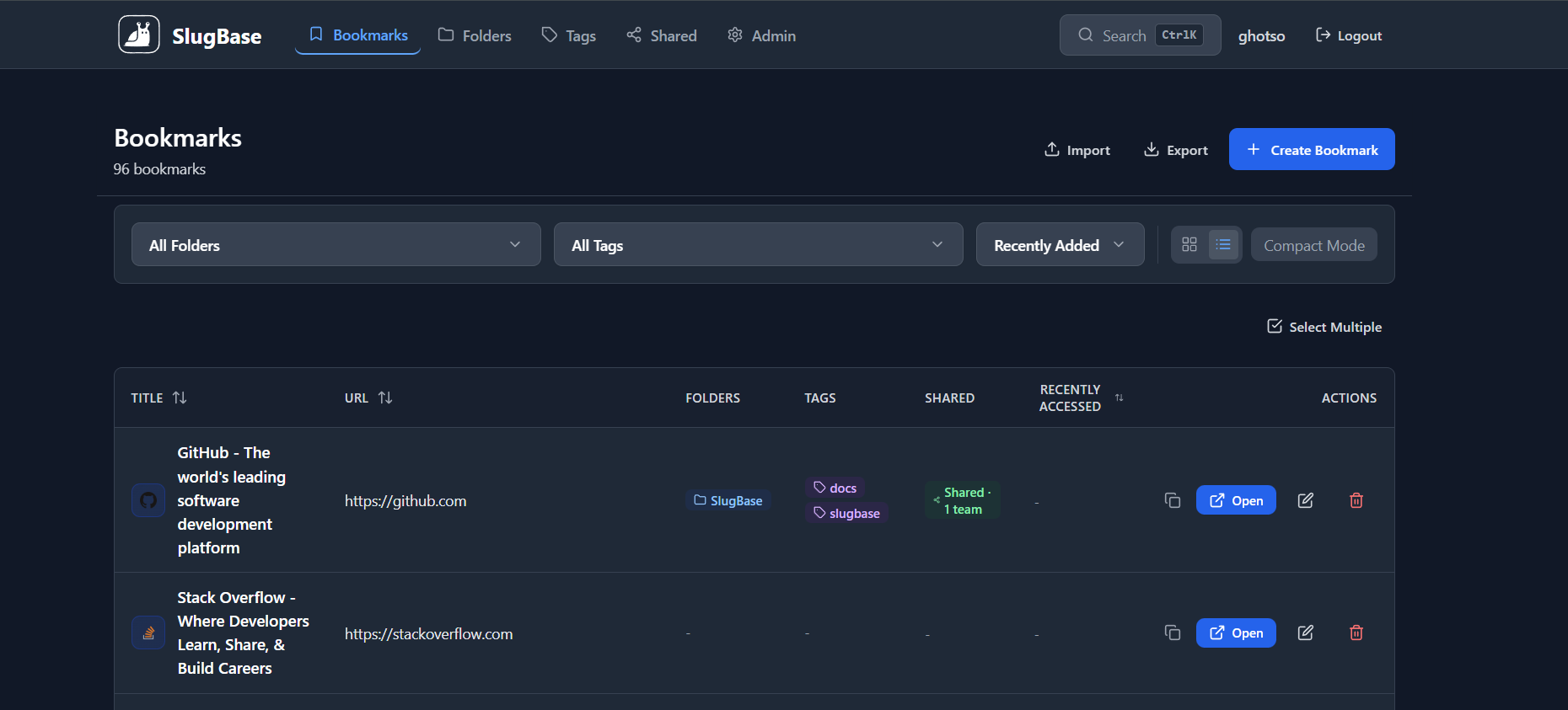 Bookmarks Table View